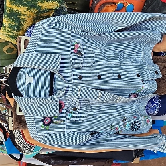 Christopher & Banks Jackets & Blazers - Vintage 2006 Christopher & Banks Retro Pinstripe Floral Embroidered Denim Trucke